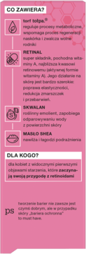 Różowy panel boczny opakowania serum Tołpa Clinical Boosts Retinal 0,05%, składniki i przeznaczenie.