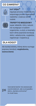 Niebieska etykieta serum Tołpa z tripeptydem miedziowym. Opis składników poprawiających kondycję skóry.