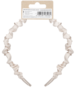 Elegancka beżowa opaska do włos&oacute;w z marszczonego materia&#x142;u, widok z przodu z metką produktu.