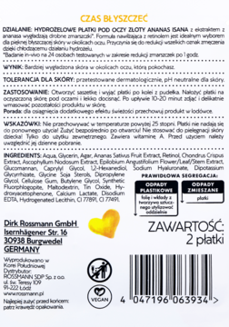 Tył białego opakowania hydrożelowych płatków pod oczy Isana Złoty Ananas, z polskimi instrukcjami, składnikami i logo Rossmann.
