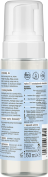 Tył białej butelki bezzapachowej pianki do twarzy z glikolipidami, jasnoniebieska etykieta.