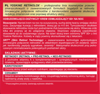 Tył czerwono-białego opakowania kremu YOSKINE RETINOLOX 60+ na noc, z opisem składników aktywnych: retinoidy, ceramidy.