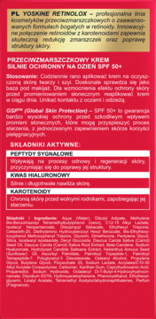 Czerwony tył opakowania kremu YOSKINE RETINOLOX SPF 50+ z opisem i składnikami aktywnymi: peptydy, kwas hialuronowy, karotenoidy.