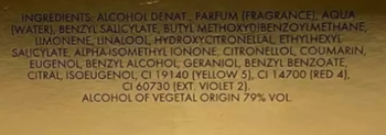 Tył opakowania perfum Paco Rabanne Lady Million Fabulous ze szczegółową listą składników na złotym tle.