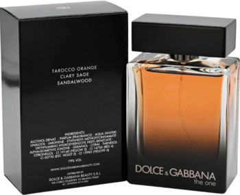 Zapach Dolce & Gabbana The One For Men. Bursztynowa butelka i czarne pudełko z nutami zapachowymi, ujęcie pod kątem.