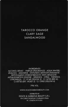 Tył czarnego opakowania perfum D&G, widoczne nuty zapachowe: Tarocco Orange, Clary Sage, Sandalwood i składniki.