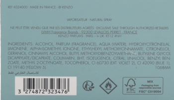 Tył jasnoniebieskiego opakowania Kenzo World EDP z listą składników, kodem kreskowym i ikonami.