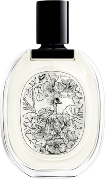 Geranium Odorata, kwiatowy zapach. Przejrzysta owalna butelka perfum z czarną nakrętką i czarno-białą grafiką ptaka i kwiatów.
