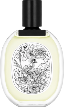 Geranium Odorata: perfumy unisex, owalny flakon z czarno-białą grafiką ptaka i kwiatów, czarna nakrętka. Widok z przodu.