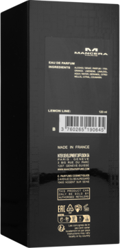 Tył czarnego opakowania perfum Mancera Lemon Line 120ml ze złotymi napisami, składnikami i kodem kreskowym.