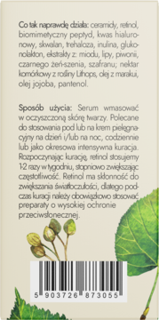 Tył opakowania serum NaturalME Vintage Garden, widoczny skład i sposób użycia retinolu, zielone liście, kod EAN.