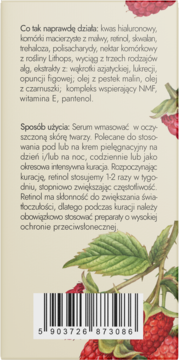 Tył jasnego opakowania serum nawilżającego z retinolem, widoczne instrukcje i kod kreskowy, maliny.