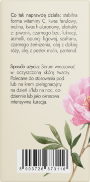 Tył opakowania serum NaturalME Vintage Garden z witaminą C na dzień/noc. Widoczny opis, różowa piwonia i kod kreskowy.