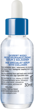 Tył butelki L'Oréal Age Specialist Serum z kolagenem 30ml, przezroczysta butelka z niebieską nakrętką i białym aplikatorem.
