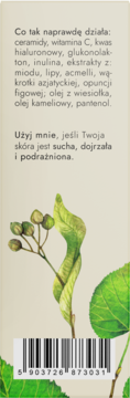 Tył opakowania kremu NaturalME Vintage Garden z ceramidami, opis na skórę suchą, dojrzałą, ilustracja lipy.