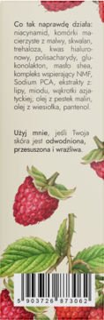 Tył opakowania kremu NaturalME z niacynamidem, listą składników, zastosowaniem i kodem kreskowym na tle malin.