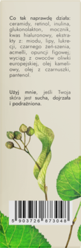 Tył opakowania kremu-boostera na noc, beżowy, z tekstem o składnikach i botaniczną ilustracją lipy.