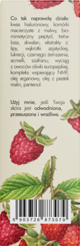 Tył opakowania kremu-boostera na noc z kwasem hialuronowym, ilustracją malin i kodem kreskowym.