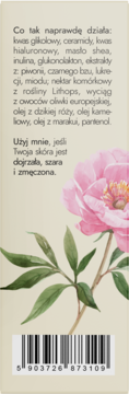 Tył opakowania kremu-boostera na noc, z opisem składników, przeznaczenia dla skóry dojrzałej i ilustracją piwonii.