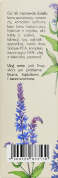 Tył beżowego opakowania kremu-boostera do cery problematycznej i trądzikowej, z kwiatami i kodem EAN.