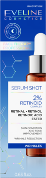 Niebieskie opakowanie serum Eveline Cosmetics z 2% retinoidem, serum na noc redukujące zmarszczki.