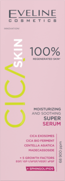 Różowe opakowanie Eveline Cica Skin Super Serum, pionowy napis CICA SKIN. Serum nawilżające i łagodzące do twarzy.