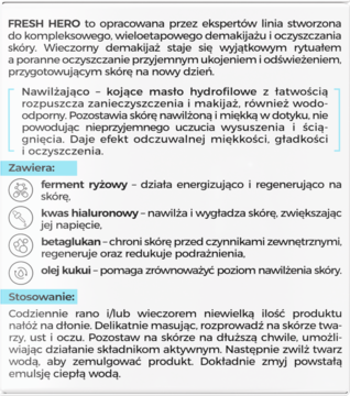 Fragment ulotki Bielenda Fresh Hero masła hydrofilowego: opis, składniki aktywne i sposób użycia.