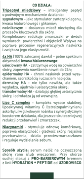 Tekst z etykiety serum peptydowego: opis działania tripeptydu miedziowego, 4x HA, Lipo C complex, niacynamidu.