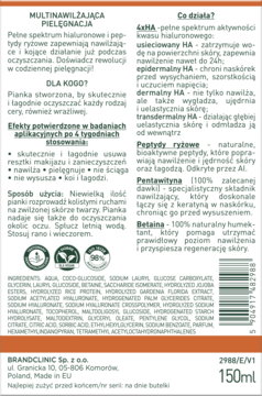 Tył butelki hialuronowej pianki oczyszczającej 150ml z peptydami, widoczne składy i opisy działania.