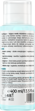 Tył butelki Bielenda Fresh Hero micelarnej wody kojąco-nawilżającej 400ml, z opisem i składnikami.