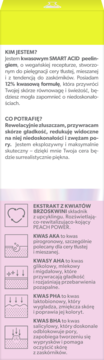 Pionowy panel informacyjny peelingu kwasowego 12% dla cery tłustej, z tekstem i ikonami na białym i różowym tle.