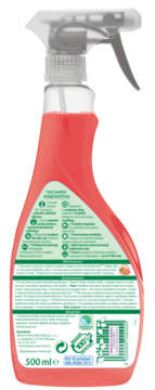 Tył czerwonej butelki sprayu do czyszczenia kuchni, z etykietami eko i opisem grejpfrucie, 500 ml.