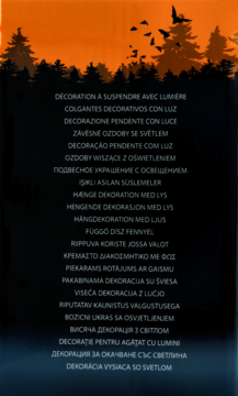 Lista nazw dekoracji wiszącej LED na Halloween w wielu językach, z sylwetką lasu i nietoperzy na ciemnym tle.