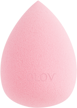 Różowa gąbeczka do makijażu GLOV w kształcie łezki, z logo, widok z przodu, do podkładu.