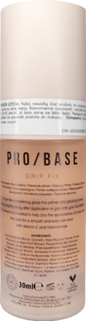 MUA PRO/BASE Grip Fix Primer, żelowa baza pod makijaż z witaminą C i niacynamidem, jasnobeżowa butelka, widok z przodu, 30ml.