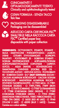 Tył opakowania cieni Vamp! Wet&Dry 104 Deep Plum. Szczegółowa lista składników na czerwonej etykiecie.
