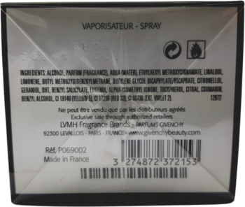 Tył białego opakowania perfum Givenchy L'Interdit ze składem, kodem kreskowym i napisem 'Made in France'.