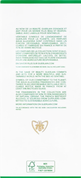 Tył opakowania Aqua Allegoria Herba Fresca, białe, z tekstem o zrównoważonym rozwoju, logo pszczoły i FSC.