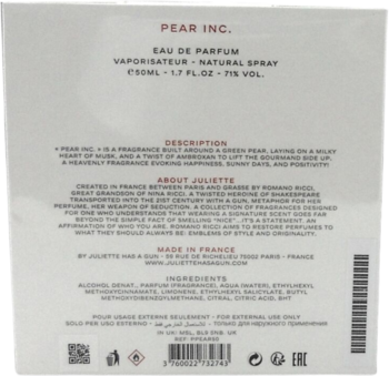Tył białego pudełka perfum PEAR INC. EDP 50ml, z nadrukowanym opisem, składem i nutami: gruszka, ambroksan, piżmo.