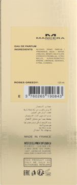 Tył beżowego opakowania Mancera Roses Greedy Eau de Parfum 120 ml, z listą składników i kodem kreskowym.