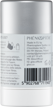 Tył opakowania mydełka Glov Magnet Cleanser. Szary walec z instrukcją użycia, kodem kreskowym i danymi producenta.
