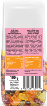 Tył przezroczystego opakowania wegańskich żelków Biominki Fruit Gummi Bears, z etykietą składu i wartości odżywczych.