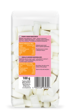 Opakowanie waniliowych marshmallows Biominki, widok z tyłu. Białe pianki w przezroczystej torbie z etykietą i kodem.