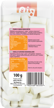 Tył opakowania waniliowych pianek marshmallows Biominki 100g z listą składników i tabelą wartości odżywczych.