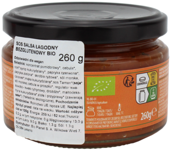 Sos Salsa łagodny bezglutenowy BIO Amaizin, widok etykiety bocznej z listą składników. Słoik z czarną nakrętką.
