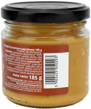 Ekologiczny hummus paprykowy NaturaVena w szklanym słoiku, tył z etykietą, składem i kodem kreskowym.