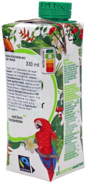 Woda kokosowa BIO Fairtrade Organic Martins 330ml, karton z papugą, nie z koncentratu, widok pod kątem.