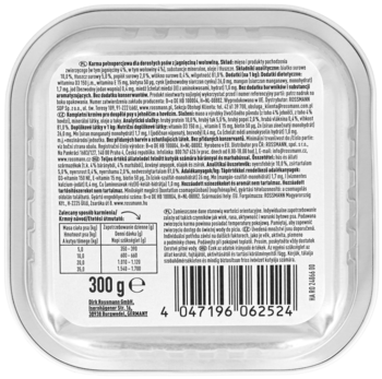 Tył przezroczystego opakowania mokrej karmy Winston dla psów 300g z jagnięciną. Widoczne składy i barcode.