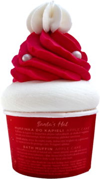 Świąteczna muffinka do kąpieli Apple Cake, czerwono-biała, w kształcie babeczki z kremem i perłami.