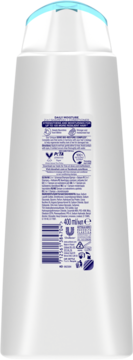 Tył białego opakowania szamponu Dove 2w1 Daily Moisture 400ml z niebieską nakrętką, widoczna etykieta ze składnikami i kodem kreskowym.